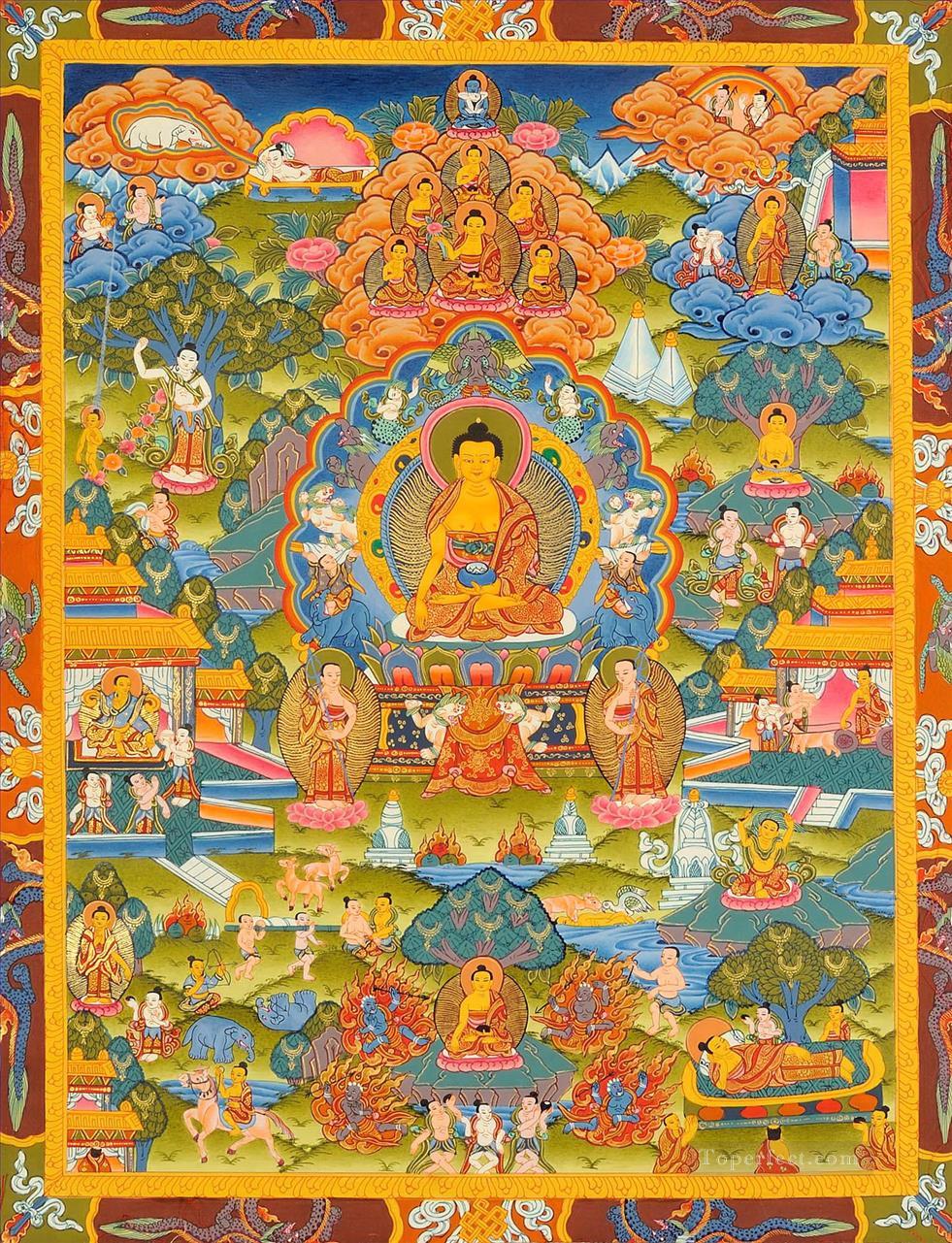 Lord Buddha Seated on Six ornament Throne of Enlightenment and the Scenes From His Life Buddhism Oil Paintings